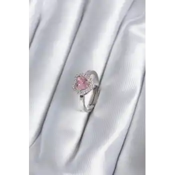Pirinç Gümüş Renk Pembe Zirkon Taşlı Charm Model Kadın Yüzük