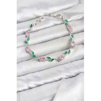 Pirinç Gümüş Renk Pembe Zirkon Taşlı Çiçek Model Kadın Bileklik