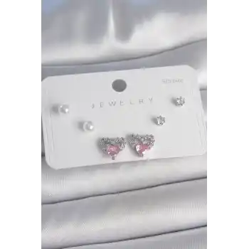 Pirinç Gümüş Renk Pembe Zirkon Taşlı Kalp Model İnci Detay 925 Ayar Gümüş Çivi Kadın Küpe Seti