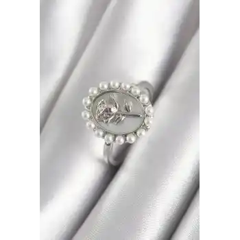 Pirinç Gümüş Renk Portre Gül Model İnci Detay Kadın Yüzük
