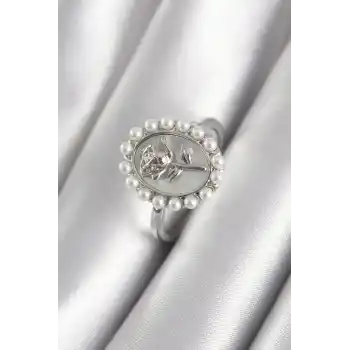 Pirinç Gümüş Renk Portre Gül Model İnci Detay Kadın Yüzük