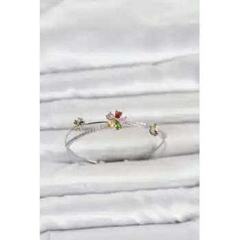 Pirinç Gümüş Renk Renkli Çiçek Model Kadın Bileklik