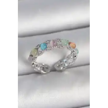 Pirinç Gümüş Renk Renkli Mineli Ayarlanabilir Kadın Yüzük