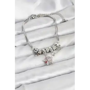 Pirinç Gümüş Renk Renkli Yıldız Charmlı Kadın Bileklik