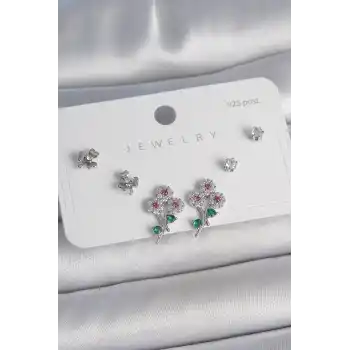 Pirinç Gümüş Renk Renkli Zirkon Taşlı Çiçek Model Yaprak Detay 925 Ayar Gümüş Çivi Kadın Küpe Seti