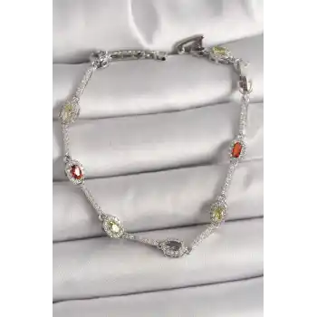 Pirinç Gümüş Renk Renkli Zirkon Taşlı Damla Taş Model Kadın Bileklik