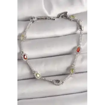 Pirinç Gümüş Renk Renkli Zirkon Taşlı Damla Taş Model Kadın Bileklik
