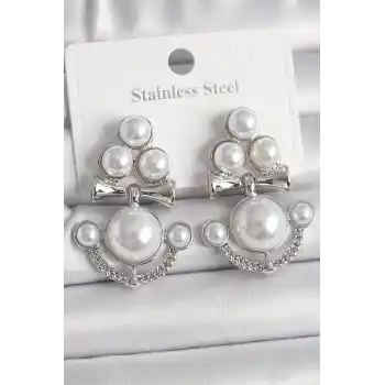 Pirinç Gümüş Renk Sallantı İncili Çapa Model Kadın Küpe