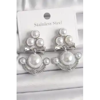 Pirinç Gümüş Renk Sallantı İncili Çapa Model Kadın Küpe