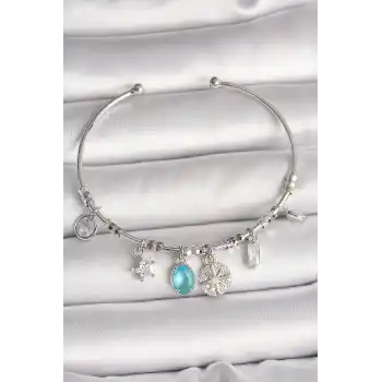 Pirinç Gümüş Renk Sallantı Pusula Figür Kalp Detay Charm Kadın Bileklik