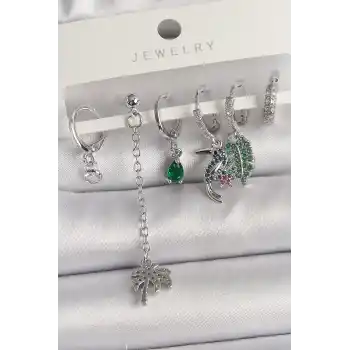 Pirinç Gümüş Renk Sallantı Zirkon Taşlı Ağaç Figür Çoklu Kadın Küpe Seti