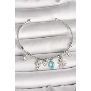 Pirinç Gümüş Renk Sallantı Zirkon Taşlı Ayıcık Figür Çiçek Detay Charm Kadın Bileklik