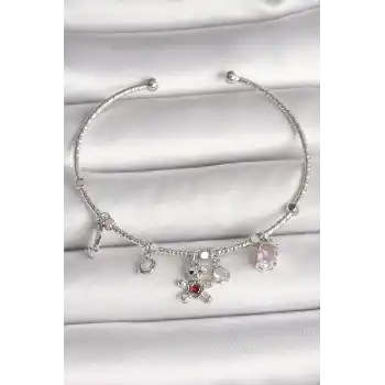 Pirinç Gümüş Renk Sallantı Zirkon Taşlı Ayıcık Figür Kırmızı Taş Detay Charm Kadın Bileklik