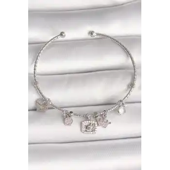 Pirinç Gümüş Renk Sallantı Zirkon Taşlı Ayıcık Figür Taç Detay Charm Kadın Bileklik