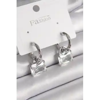 Pirinç Gümüş Renk Sallantı Zirkon Taşlı Çanta Model Kadın Küpe