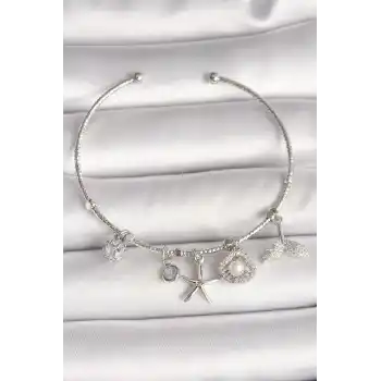 Pirinç Gümüş Renk Sallantı Zirkon Taşlı Deniz Yıldız Figür Balık Kuyruğu Detay Charm Kadın Bileklik