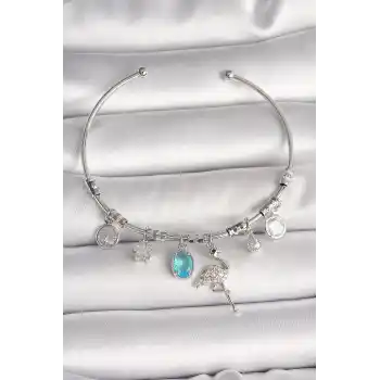 Pirinç Gümüş Renk Sallantı Zirkon Taşlı Filaminga Figür Charm Kadın Bileklik