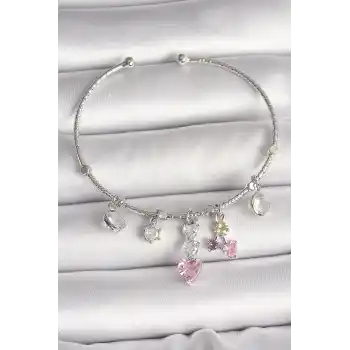 Pirinç Gümüş Renk Sallantı Zirkon Taşlı Kalp Figür Charm Kadın Bileklik