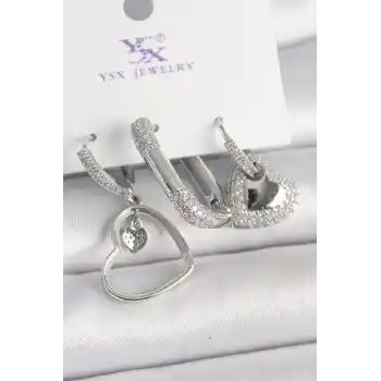 Pirinç Gümüş Renk Sallantı Zirkon Taşlı Kalp Model 3Lü Kadın Kombin Küpe