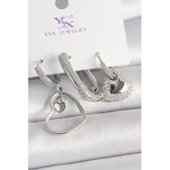 Pirinç Gümüş Renk Sallantı Zirkon Taşlı Kalp Model 3Lü Kadın Kombin Küpe