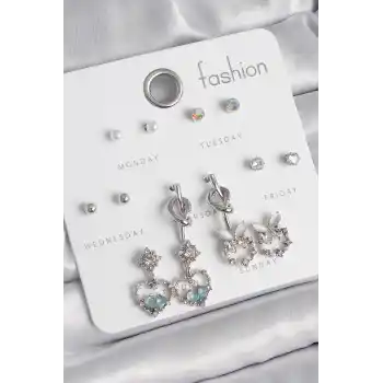 Pirinç Gümüş Renk Sallantı Zirkon Taşlı Kalp Model Düğüm Detay 7 Çift Kadın Küpe Seti