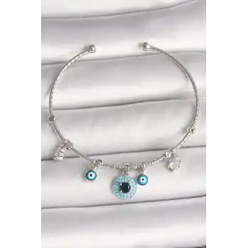 Pirinç Gümüş Renk Sallantı Zirkon Taşlı Nazar Boncuk Figür Charm Kadın Bileklik