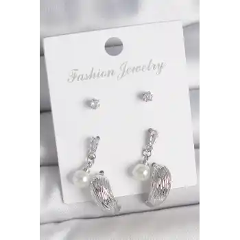 Pirinç Gümüş Renk Sallantılı Zirkon Taşlı Damla Model 3 Çift Kadın Küpe Seti