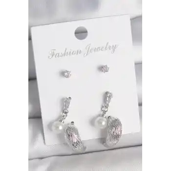 Pirinç Gümüş Renk Sallantılı Zirkon Taşlı Damla Model 3 Çift Kadın Küpe Seti