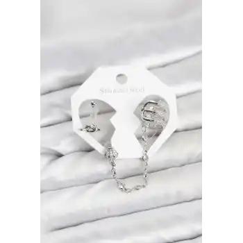 Pirinç Gümüş Renk Sarmal Model Zincir Bağlantılı Ear Cuff Küpe Seti