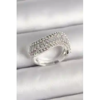 Pirinç Gümüş Renk Su Yolu Zirkon Dalga Model Ayarlanabilir Kadın Yüzük