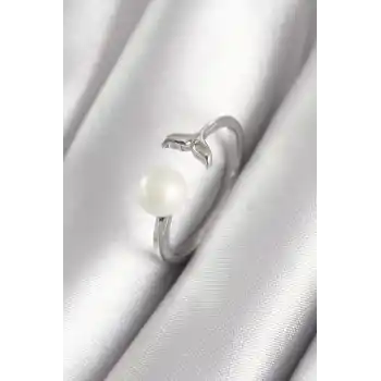 Pirinç Gümüş Renk Top İnci Figür Balık Kuyruğu Model Kadın Yüzük