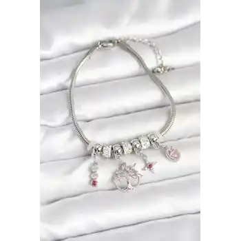 Pirinç Gümüş Renk Yaşam Ağacı Charmlı Kadın Bileklik