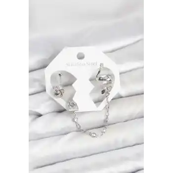 Pirinç Gümüş Renk Yılan Model Zincir Bağlantılı Ear Cuff Küpe Seti