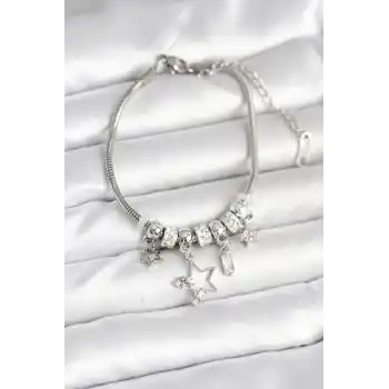 Pirinç Gümüş Renk Yıldız Charmlı Kadın Bileklik