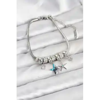 Pirinç Gümüş Renk Yıldız Model Charmlı Kadın Bileklik