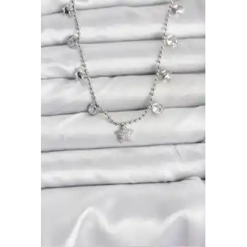 Pirinç Gümüş Renk Yıldız Model Kadın Kolye