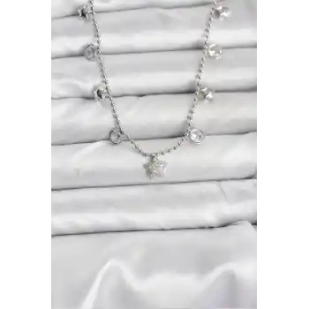 Pirinç Gümüş Renk Yıldız Model Kadın Kolye