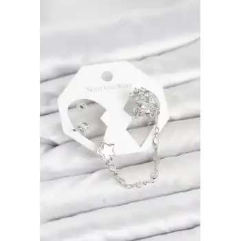 Pirinç Gümüş Renk Yıldız Model Zincir Bağlantılı Ear Cuff Küpe Seti