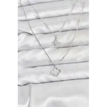 Pirinç Gümüş Renk Yonca Model 2li Kadın Kolye
