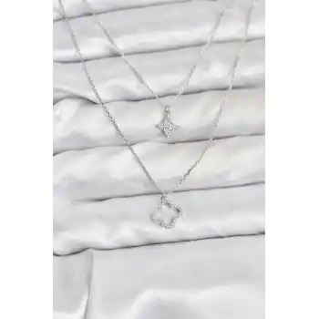 Pirinç Gümüş Renk Yonca Model 2li Kadın Kolye
