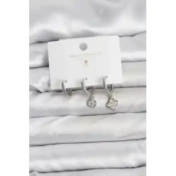 Pirinç Gümüş Renk Yonca Model 3lü Kadın Küpe Seti
