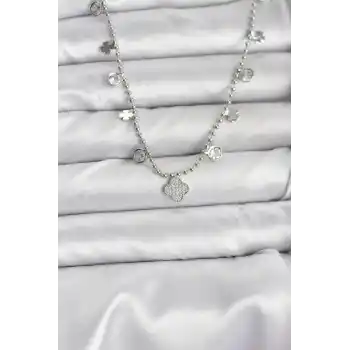 Pirinç Gümüş Renk Yonca Model Kadın Kolye