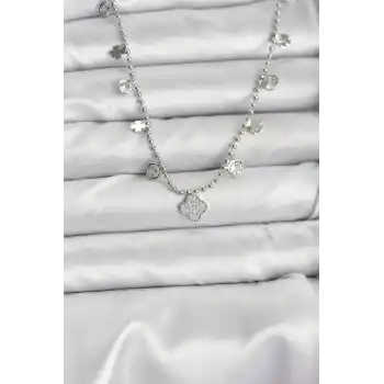 Pirinç Gümüş Renk Yonca Model Kadın Kolye