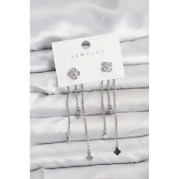 Pirinç Gümüş Renk Yonca Model Sallantılı Kadın Küpe