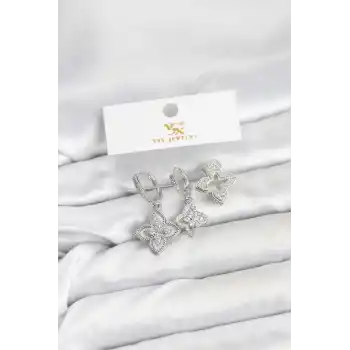 Pirinç Gümüş Renk Yonca Model YSX Trio Küpe Seti