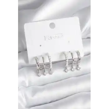 Pirinç Gümüş Renk Zirkon Taş Detay İncili Kadın Küpe