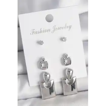 Pirinç Gümüş Renk Zirkon Taş Detay Sallantılı Kare Model 3 Çift Kadın Küpe Seti