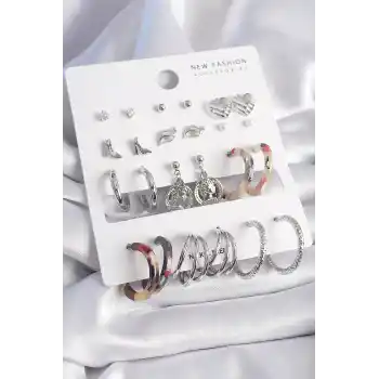 Pirinç Gümüş Renk Zirkon Taş Detaylı 12 Çift Kadın Küpe