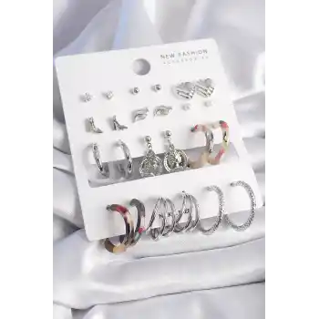 Pirinç Gümüş Renk Zirkon Taş Detaylı 12 Çift Kadın Küpe