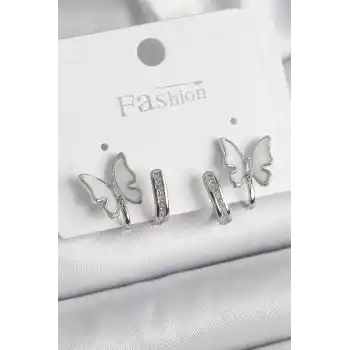 Pirinç Gümüş Renk Zirkon Taş Detaylı Beyaz Sedefli Kelebek Model Kadın Küpe